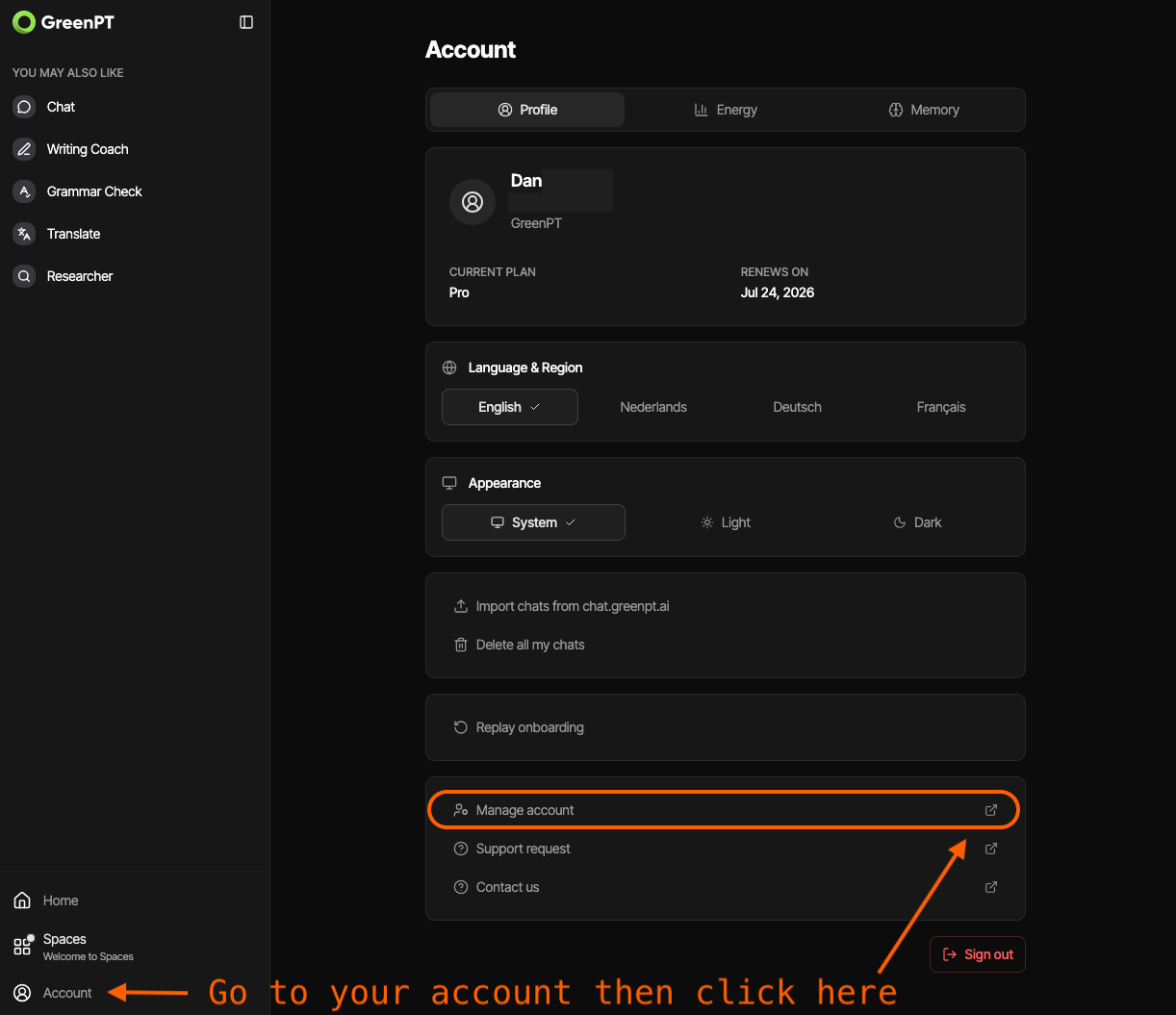 Manage account