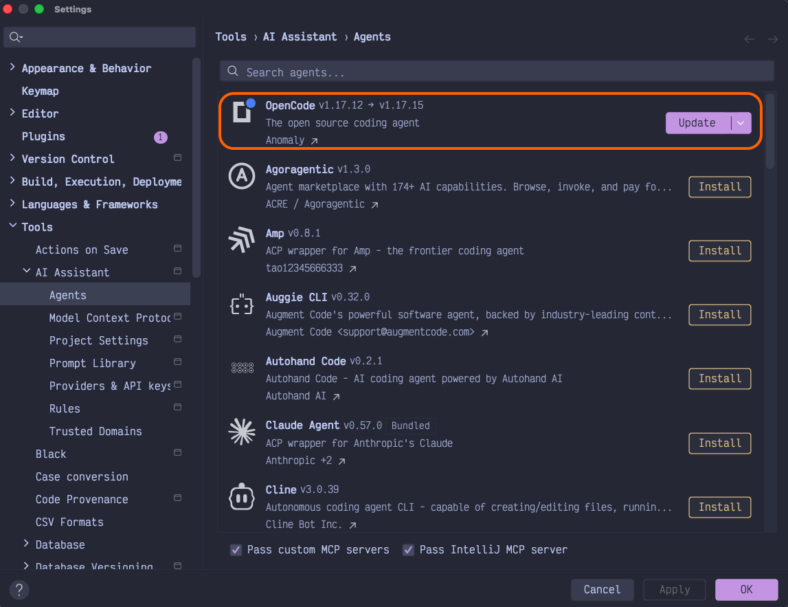 OpenCode install button