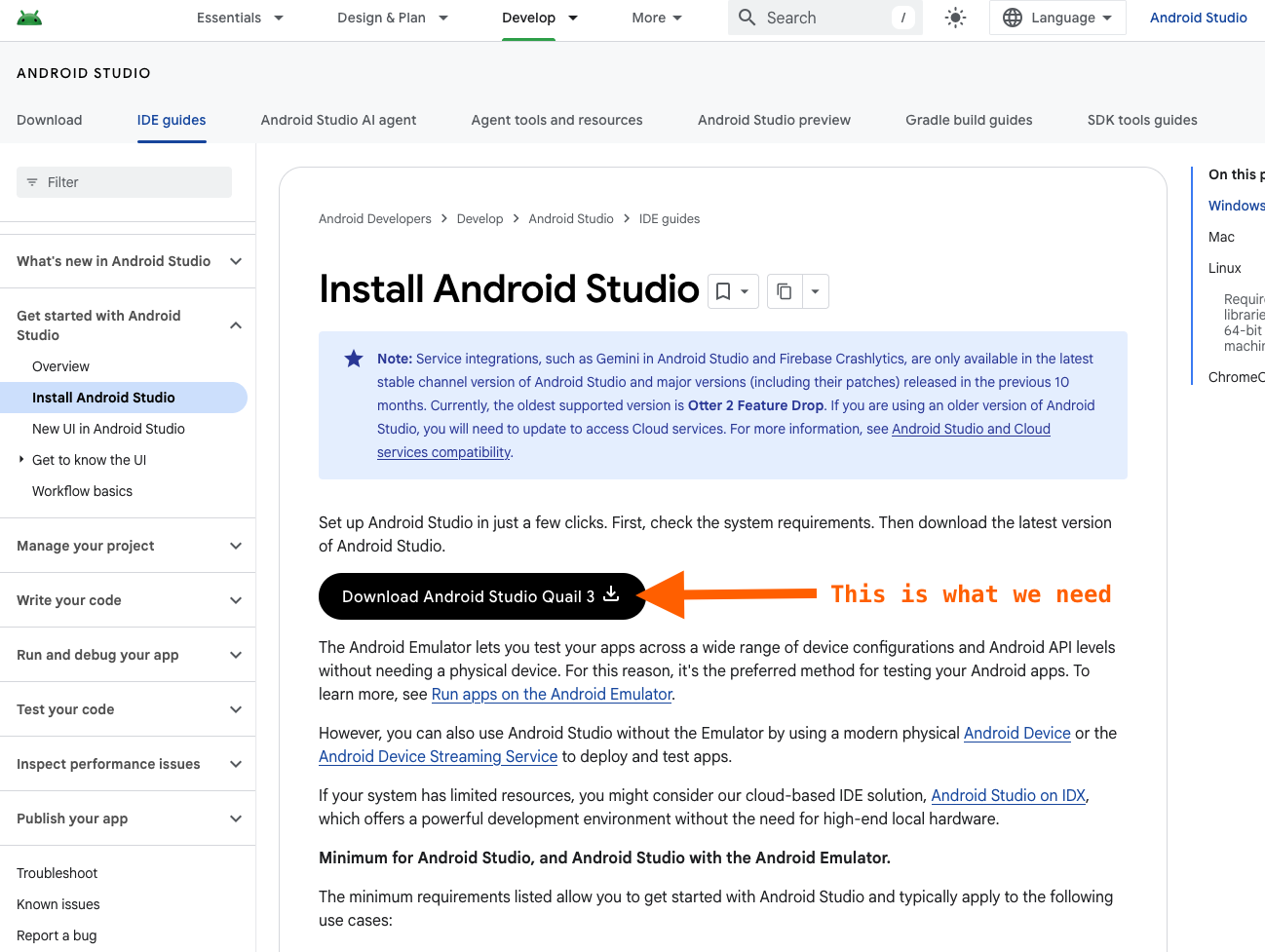 Download button on Android Studio official website