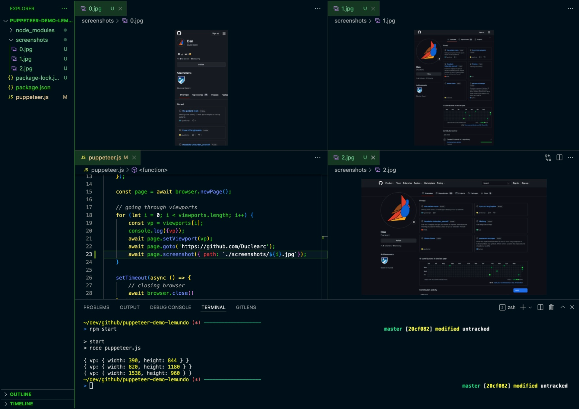 screenshots from puppeteer in the IDE